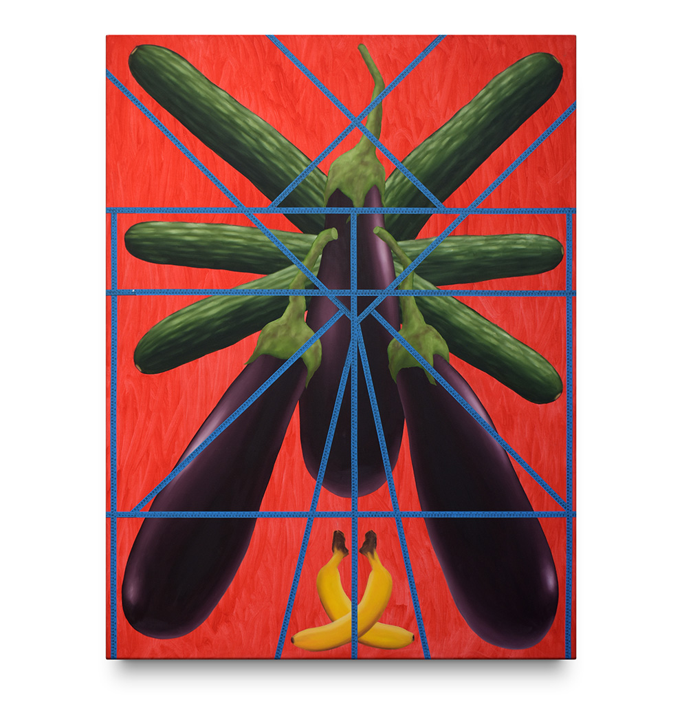 Scheme of an Spider Made of Cucumbers and Eggplants plus two Bananas, 2021, Plastic tape measure and oli on canvas, 150 x 200 CM