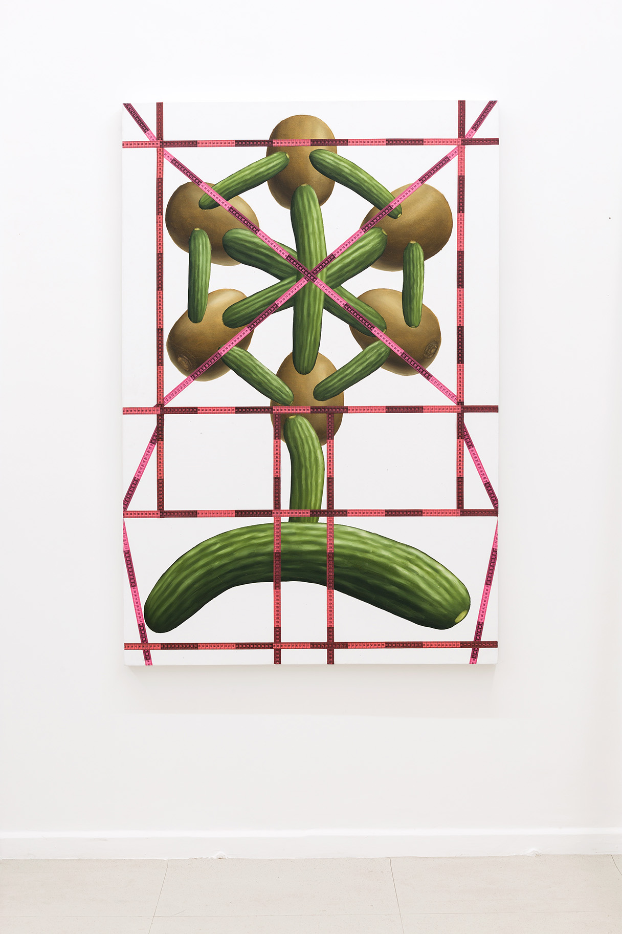 Flower Composition with Kiwis and Cucumbers, 2021, Plastic tape measure and oli on canvas, 100 x 150 cm