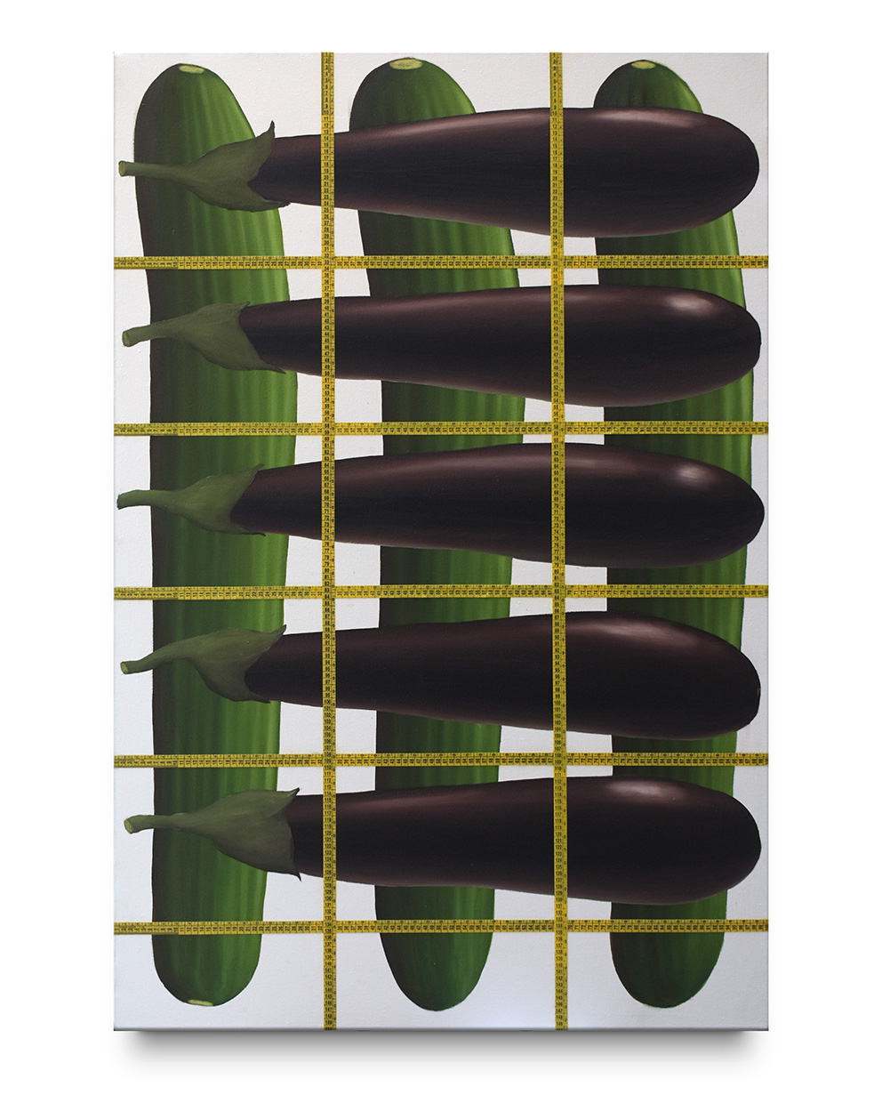 Regular Grid with Cucumbers and Eggplants, 2021, Plastic tape measure and oil on canvas, 100 x 150 CM
