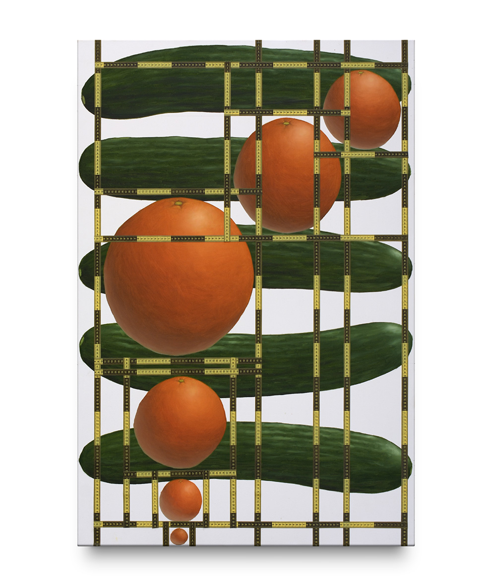 Oranges And Cucumbers , 2021 , Plastic Tape Measure And Oil On Canvas , 100 x 150 CM