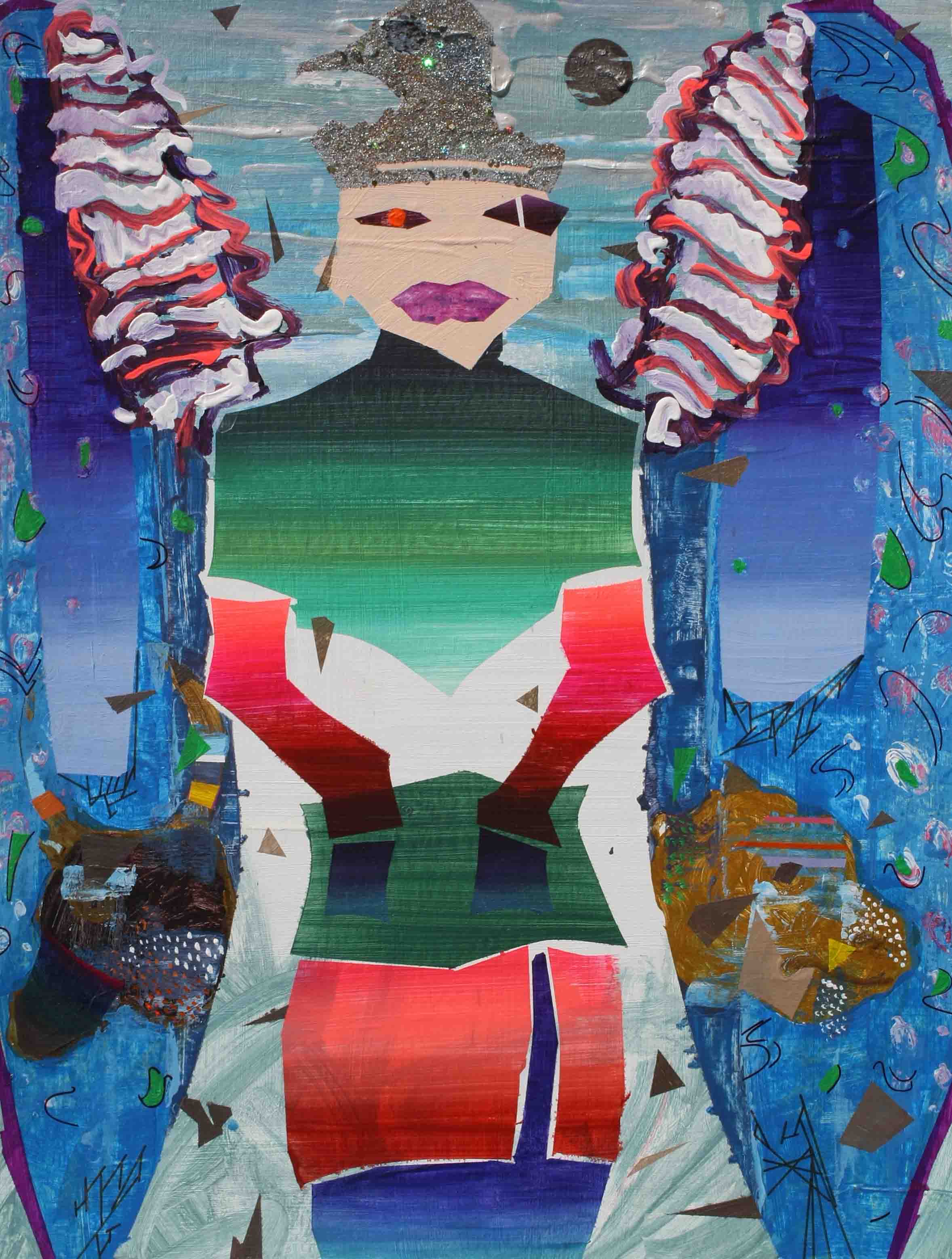Ali Kaeini	 , An angel with four heads , 2017, Acrylic & Oil Pastel & Glitter & Spray Paint & Marker On Cardboard , 45 x 60 Cm