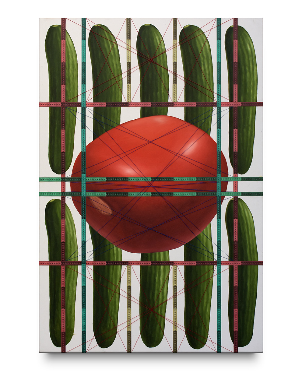 Ten Cucumbers and a Tomato Fitted into an Unrelated Pattern, 2021, Plastic tape measure and Cotton Thread and oil on canvas, 100 x 150 CM