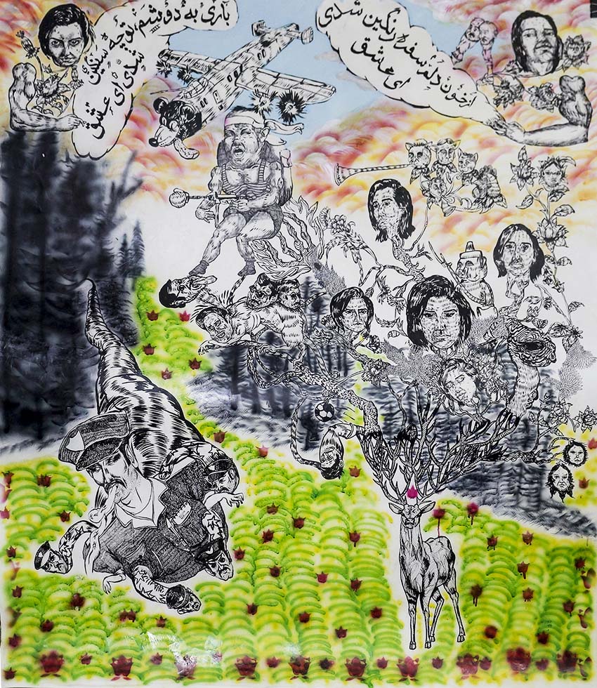 Amirhossein Akbari Alavijeh , Untitled , 2018 , Ink , airbrush & acrylic on paper , 150 x 179 cm