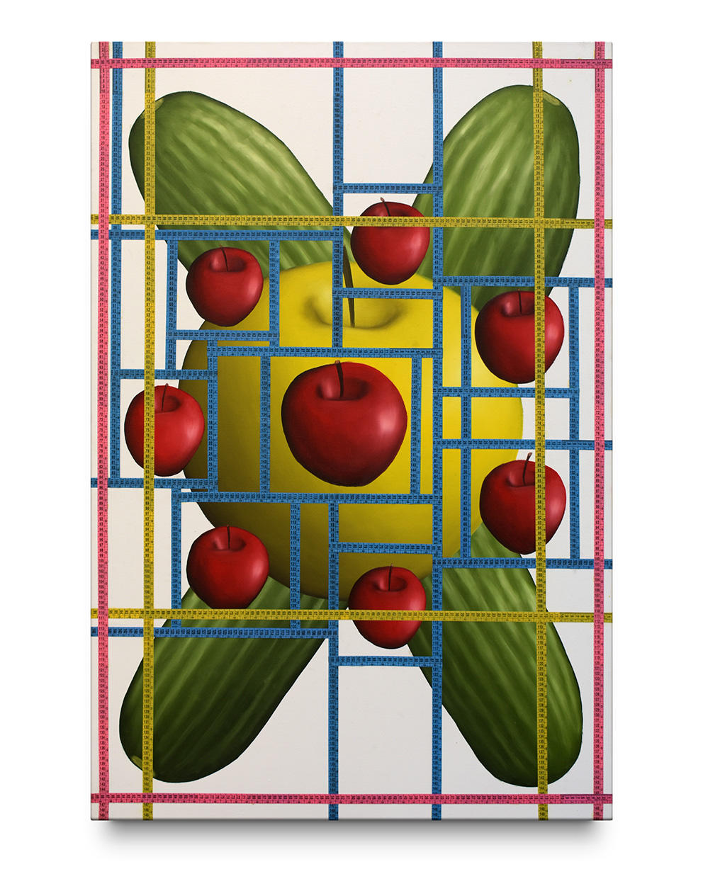Fruit Clock, 2021, Plastic tape measure and oli on canvas, 100 x 150 CM