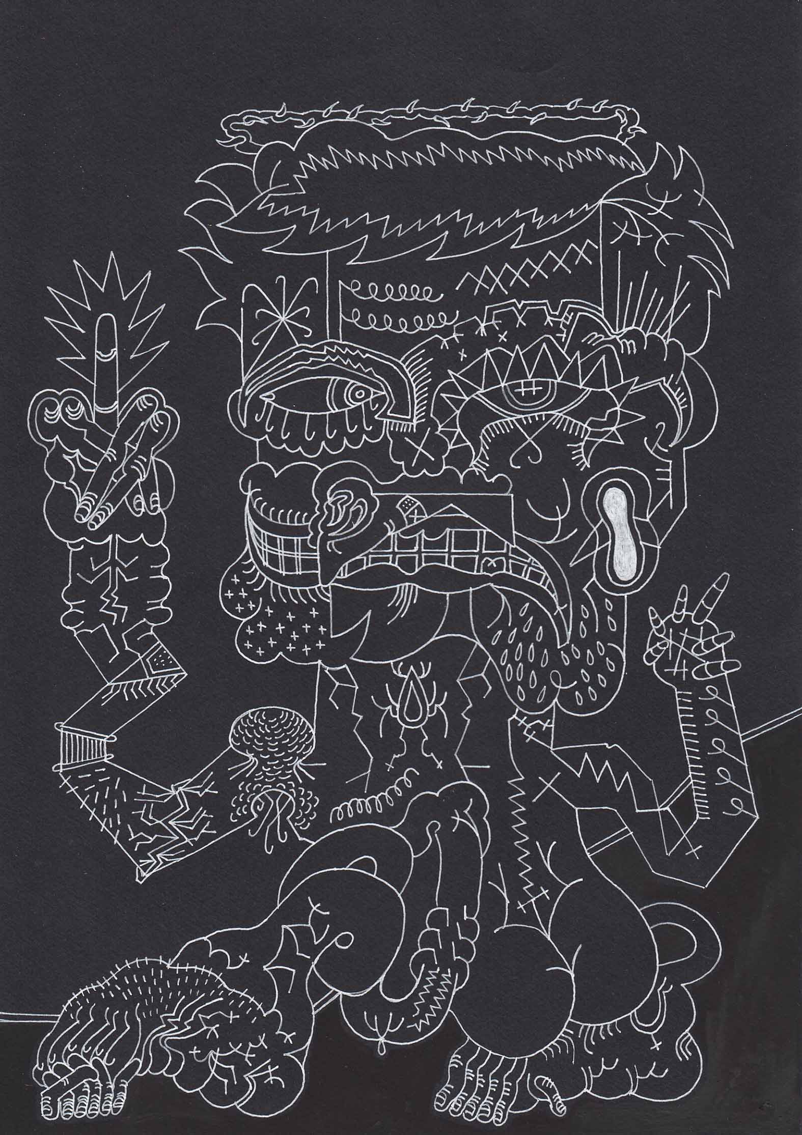 M. Smart  , Black night & white man 1 , 2017, Drawinng Ink Pen On Paperboard , 21 x 29.7 Cm