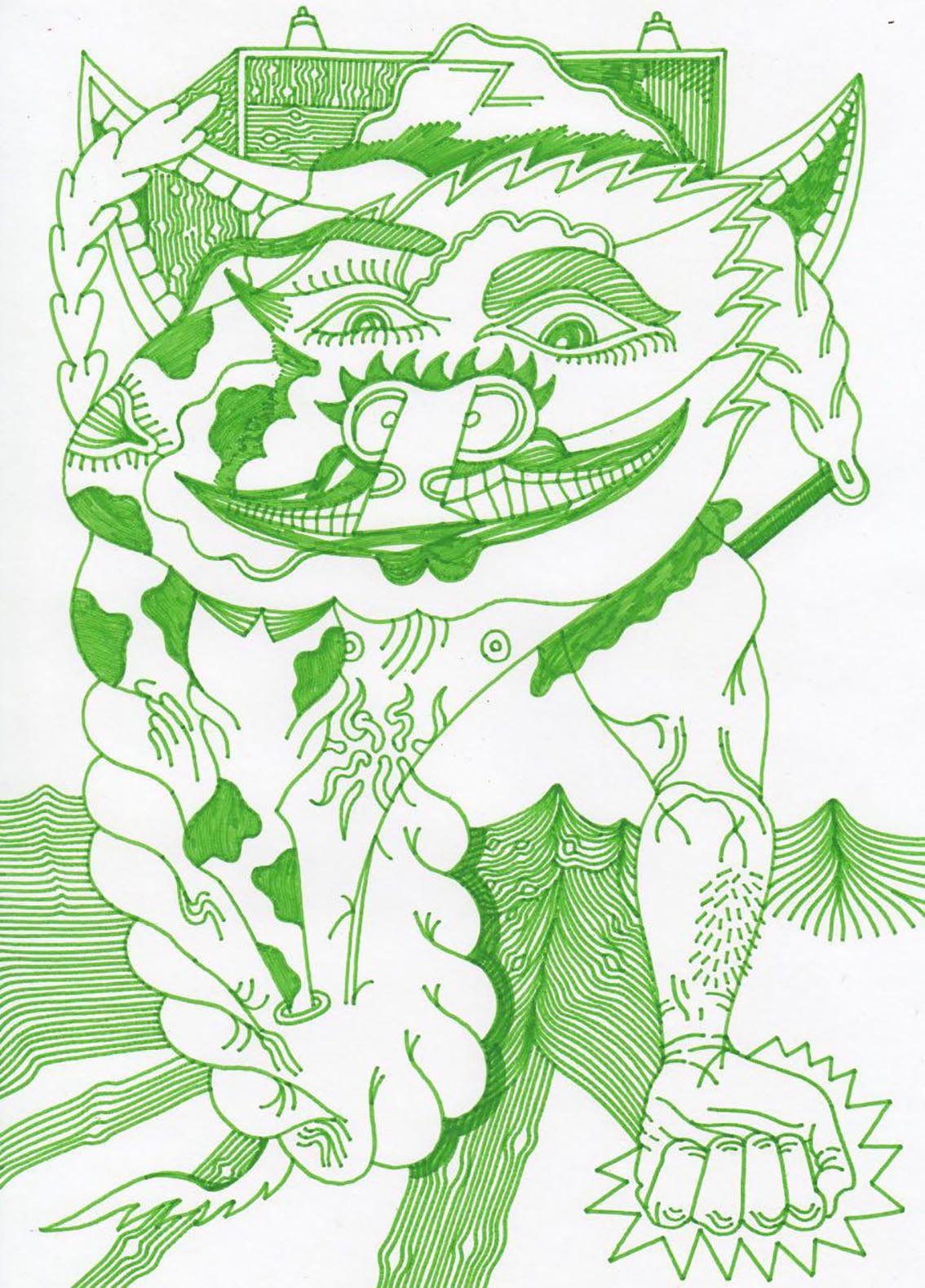 M. Smart , Green lion , 2017, Marker On Paperboard , 21 x 29.7 Cm