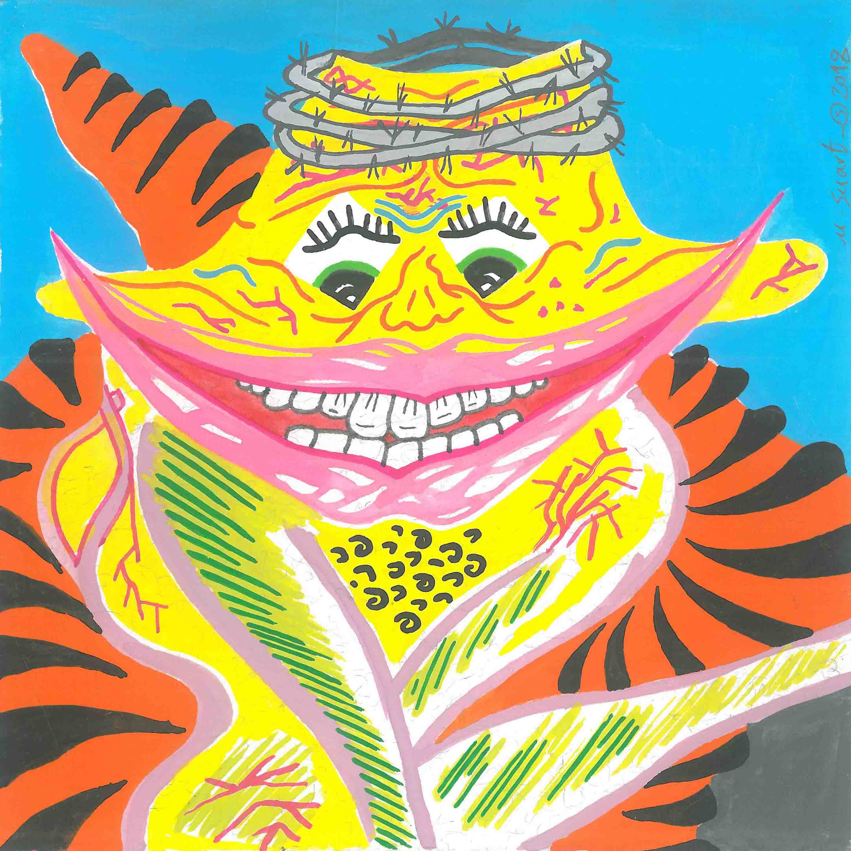 Tiger-banana, 2018, Acrylic & gouache on paper, 12 x 12 cm