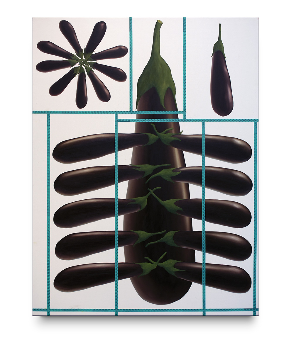 Flower, Centipede and Eggplant Itself, 2021, Plastic tape measure and oil on canvas, 150 x 200 CM