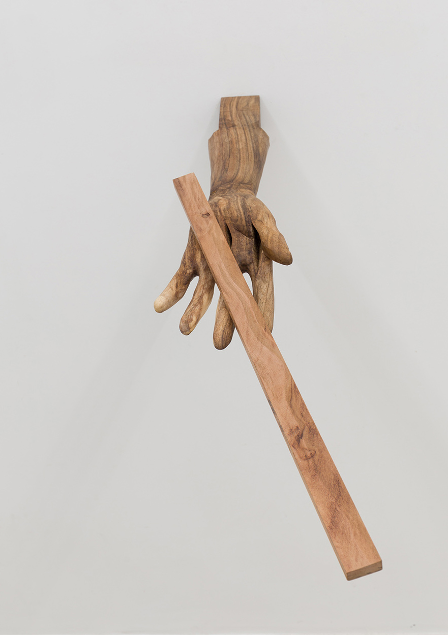 Shabahang Tayyari, Student and schoolmaster, 2022, Hand carved walnut wood and metal attachment, 120 x 40 x 30 CM