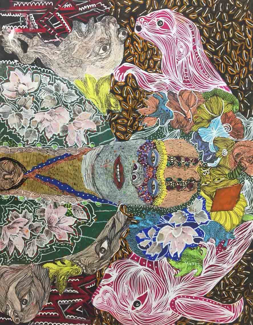 Mina Hakim, The last mexican cavalier, 2017, Acrylic & drowing ink pen & oil pastel on matboard, 63.5 x 49 cm