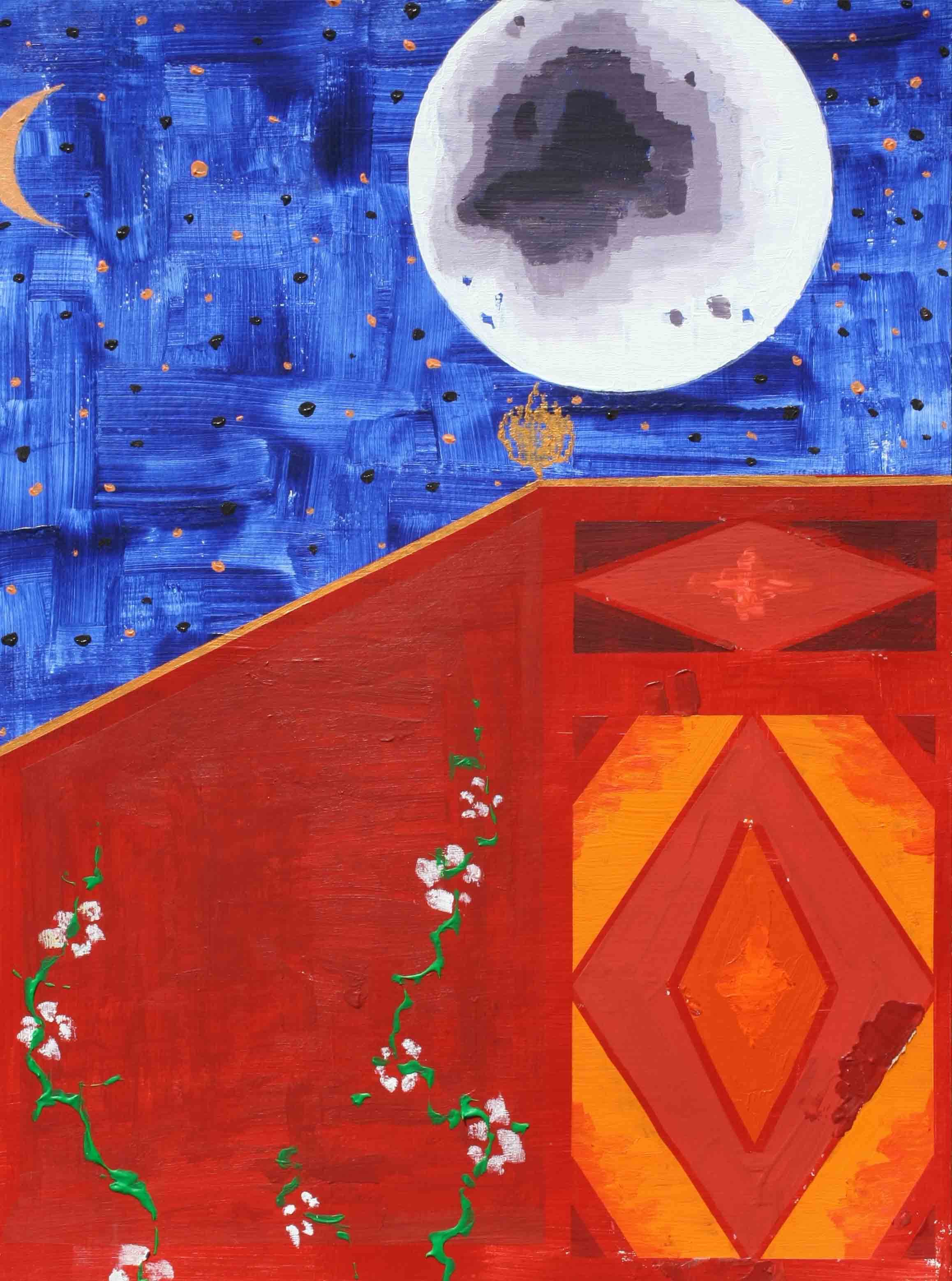 Ali Kaeini	 , Another Moon , 2017, Acrylic & Oil Pastel On Cardboard , 45 x 60 Cm