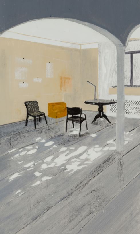 Khorshid Mirzaaghaei ,Harouni’s studio,7_45 Am,2020,30x50 oil,acrylic,rapid and pastel on canvas)