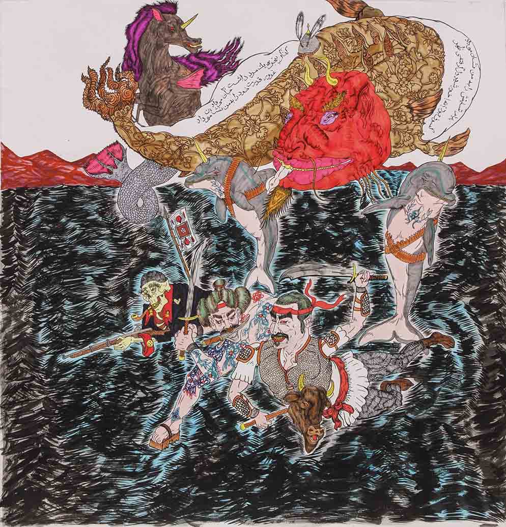 Amirhosein Akbari Alavije , Untitled , 2019 , ink , gouache ,aqilin ,marker & rapid on paper , 70 x 70 cm
