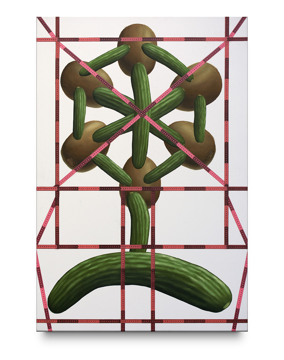 Flower Composition with Kiwis and Cucumbers, 2021, Plastic tape measure and oli on canvas, 100 x 150 cm