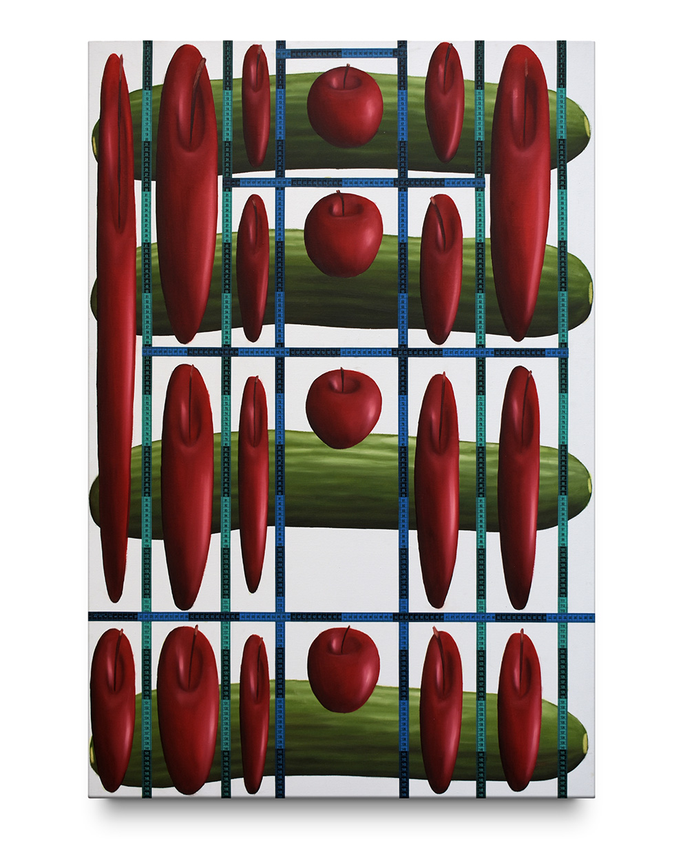 Some Apples Trapped into an Irregular Grid, 2021, Plastic tape measure and oil on canvas, 100 x 150 CM