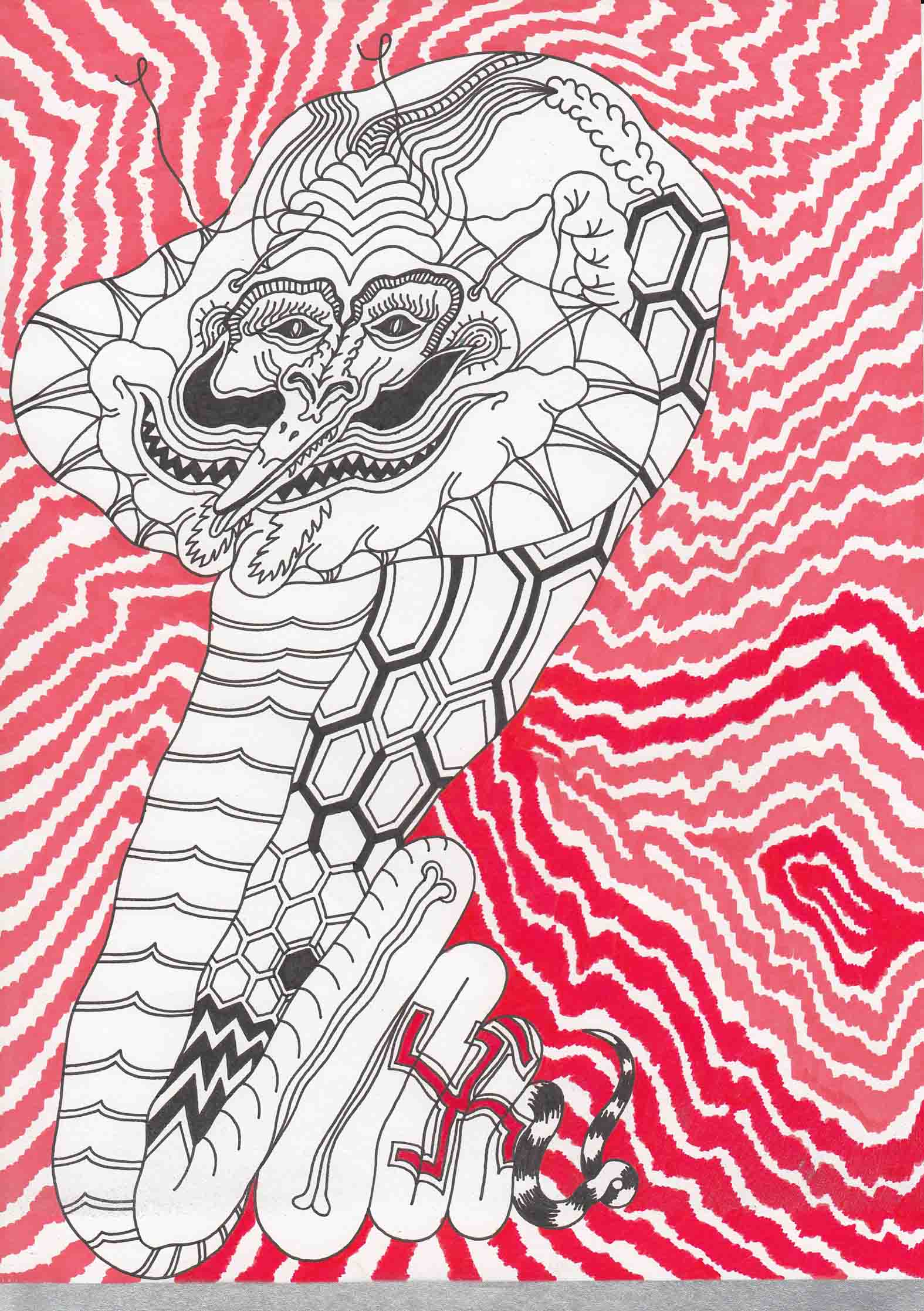 M. Smart , Bad snake 2 , 2017 , Drawing Ink Pen & spray & Gouache  On Paper , 21 x 29.7 Cm
