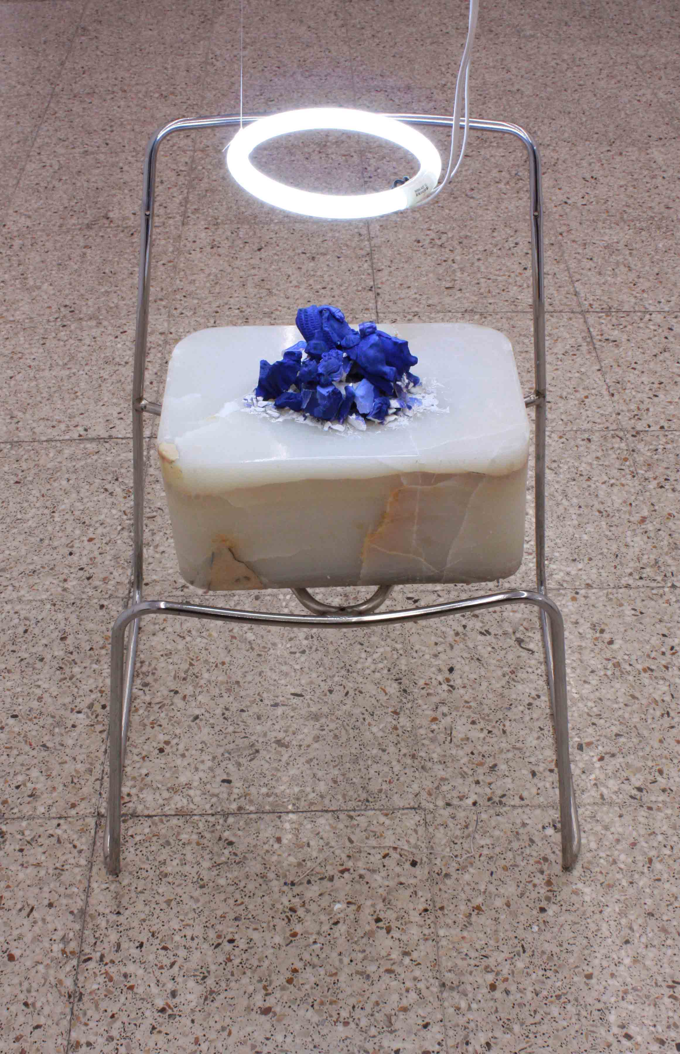Rana Dehghan , Rest in peace , 2018 , Metal Chair & Marble & Neon & Spray Paint & Plaster , 60 x 48 x 80 Cm