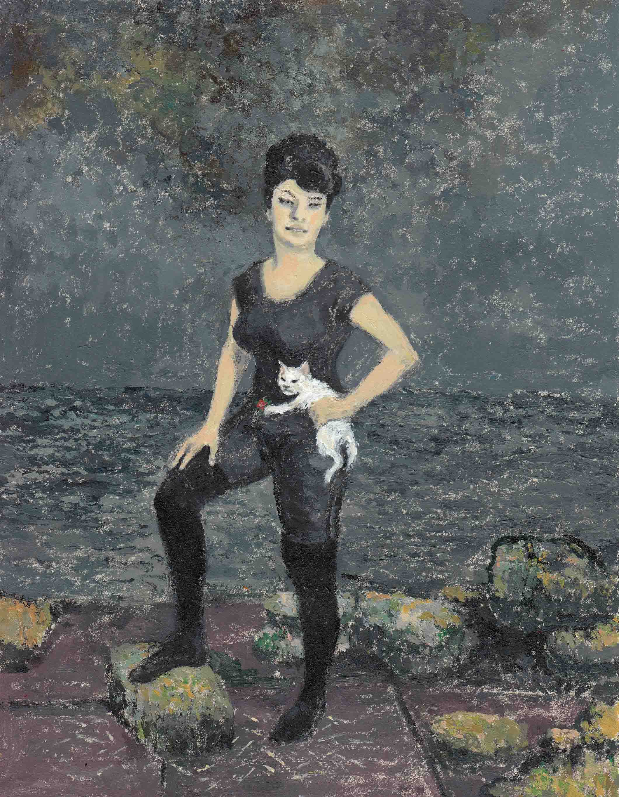 Niaz Babatabar , Mrs. swimmer and her cat , 2018 , Acrylic On Paper , 18 x 24 Cm